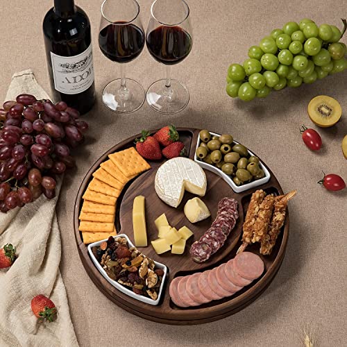 Lazy Susan Cheese Cutting Board Set, Round Acacia Charcuterie Board, Cheese Serving Platter with 2 Ceramic Bowls and Craft