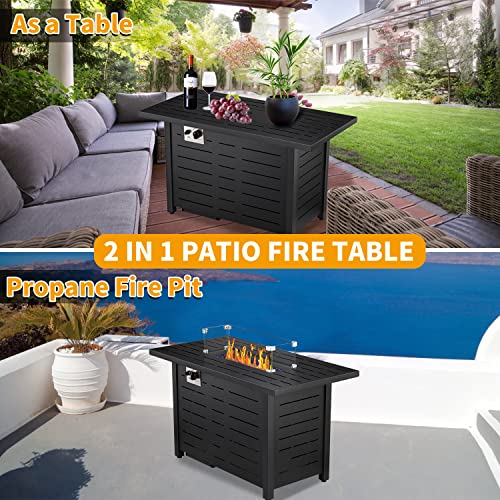 Xbeauty Propane Fire Pit Table, 43" Outdoors Gas Fire Pit Table, 50,000 BTU Auto-Ignition Fire Tables with Lid, Rain Cover, Tempered Glass Wind Guard for Outside Garden Backyard Deck Patio