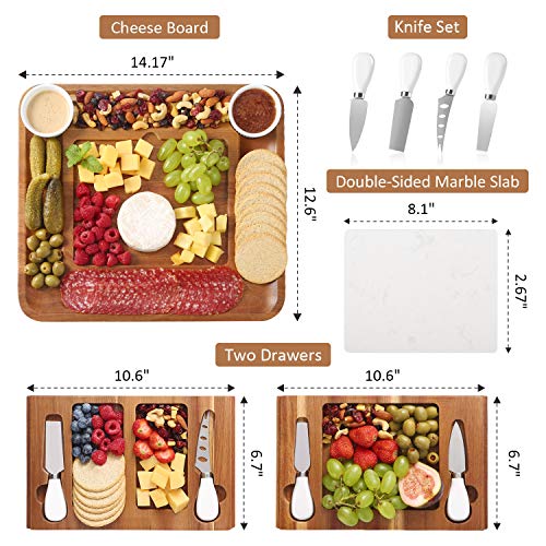 Cheese Board and Knife Sets Acacia Charcuterie Boards Serving Tray with Double Side Marble Slab for Housewarming Party Thanksgiving Birthday Wedding Gifts