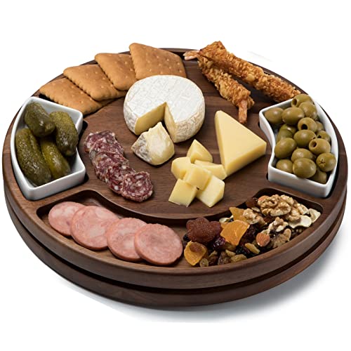 Lazy Susan Cheese Cutting Board Set, Round Acacia Charcuterie Board, Cheese Serving Platter with 2 Ceramic Bowls and Craft