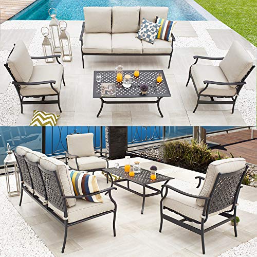 PatioFestival Patio Conversation Set Cushioned Outdoor Furniture Sets with All Weather Frame (4Pcs, Beige)