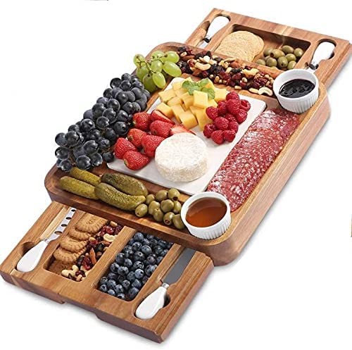 Cheese Board and Knife Sets Acacia Charcuterie Boards Serving Tray with Double Side Marble Slab for Housewarming Party Thanksgiving Birthday Wedding Gifts