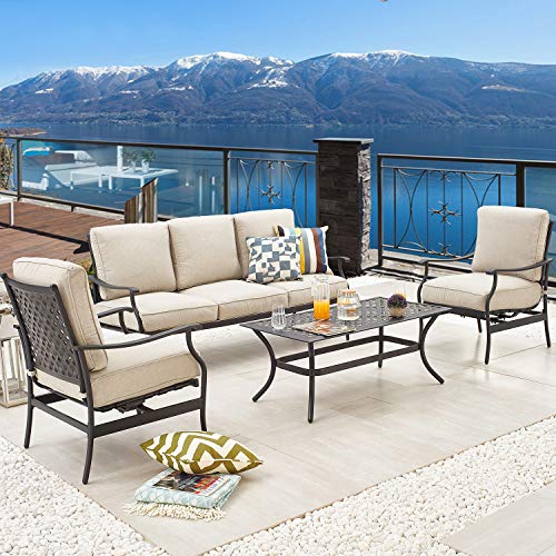 PatioFestival Patio Conversation Set Cushioned Outdoor Furniture Sets with All Weather Frame (4Pcs, Beige)