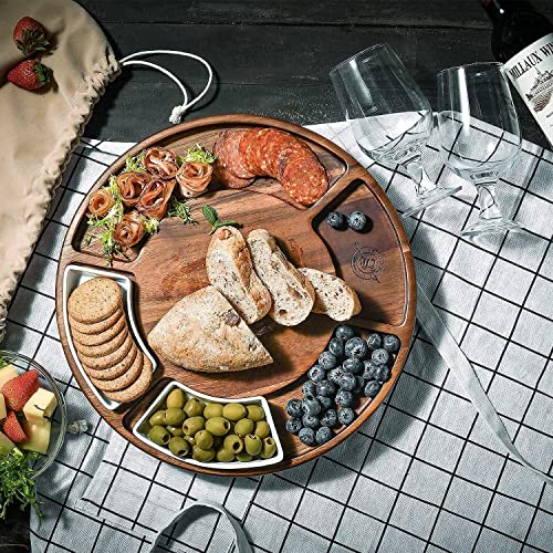 Lazy Susan Cheese Cutting Board Set, Round Acacia Charcuterie Board, Cheese Serving Platter with 2 Ceramic Bowls and Craft