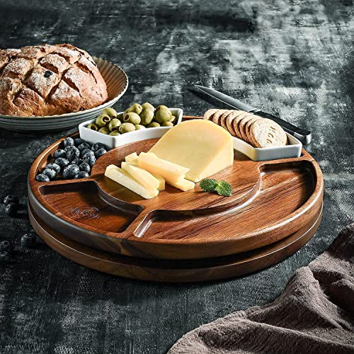 Lazy Susan Cheese Cutting Board Set, Round Acacia Charcuterie Board, Cheese Serving Platter with 2 Ceramic Bowls and Craft